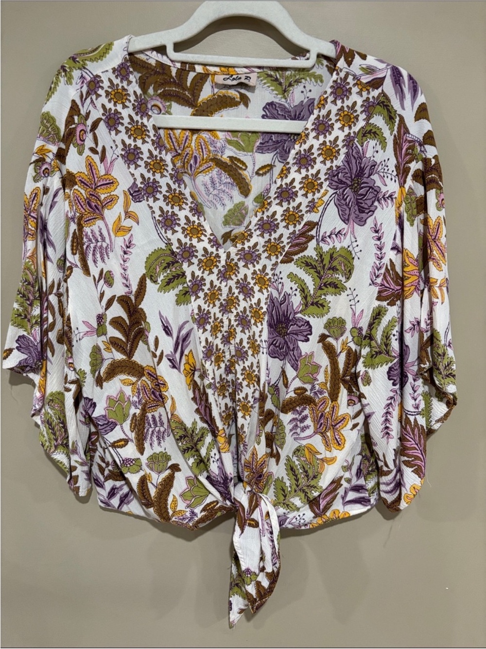V-Neck Tie-Front Floral Blouse in White with Purple & Olive - Picture 1 of 3